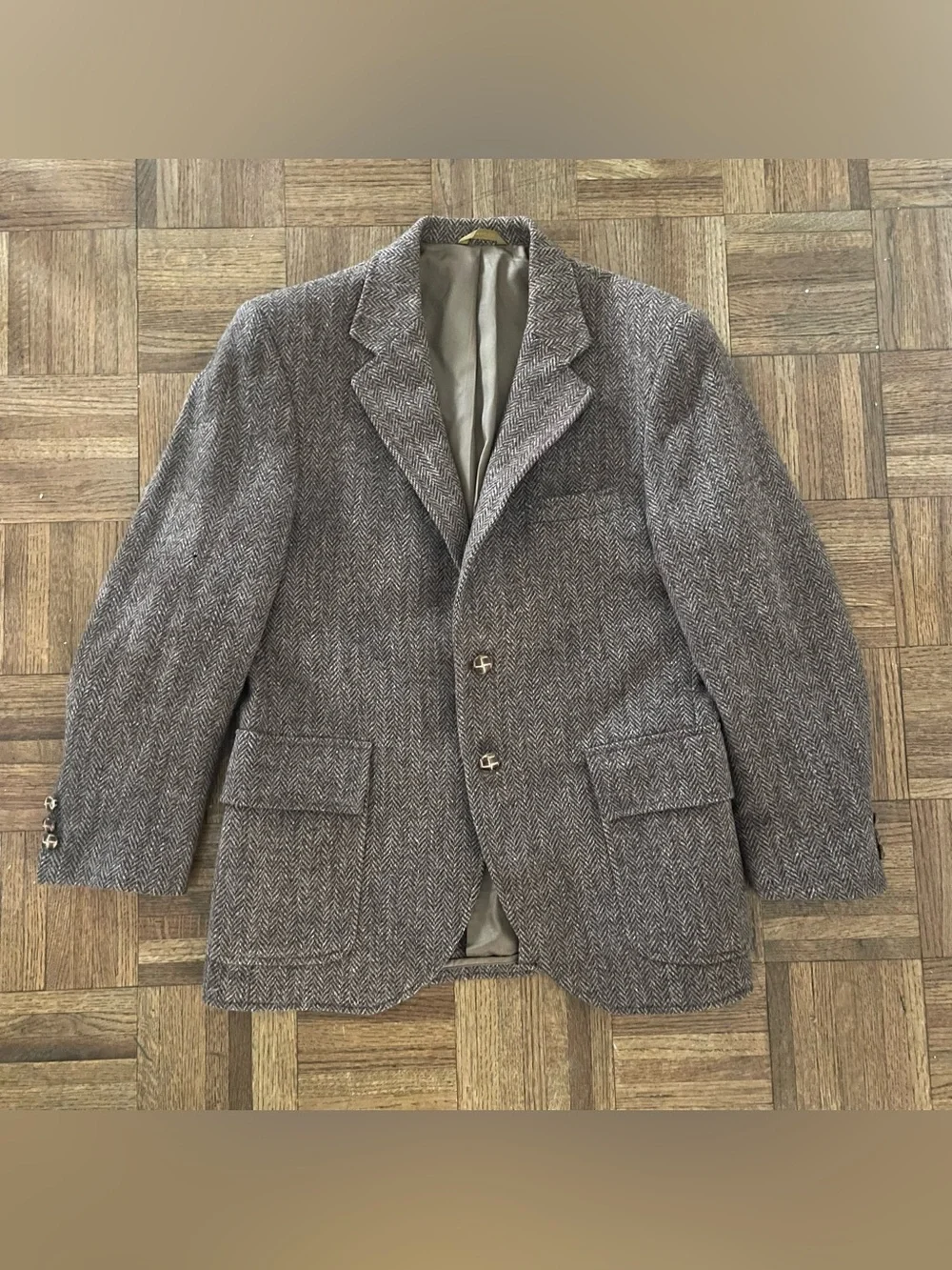 Vintage Harris Tweed Sport Coat Brown Herringbone Kutler Bros SF 42 Short